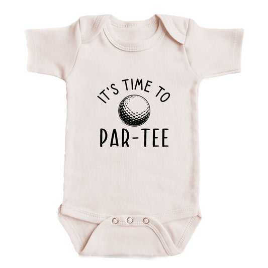 A baby onesie with the text "It's time to PAR-TEE" printed on it.