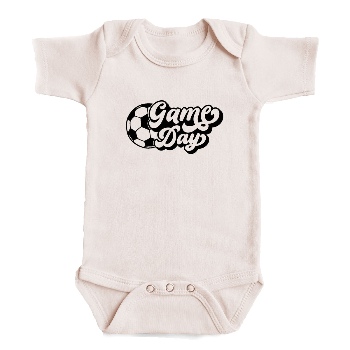 A baby onesie with the text "Game Day" printed on it.