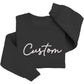 A black sweatshirt with the word "Custom" printed on it in white text.