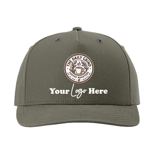 A gray baseball cap with a logo and text on it.