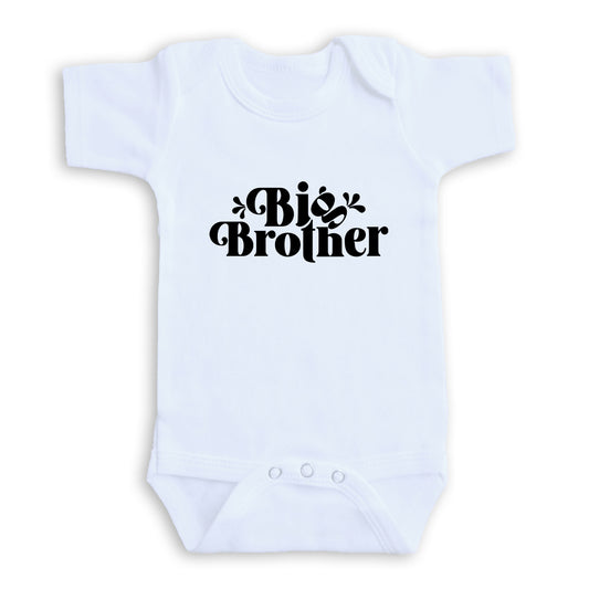 A white baby onesie with the text "Big Brother" printed on it.