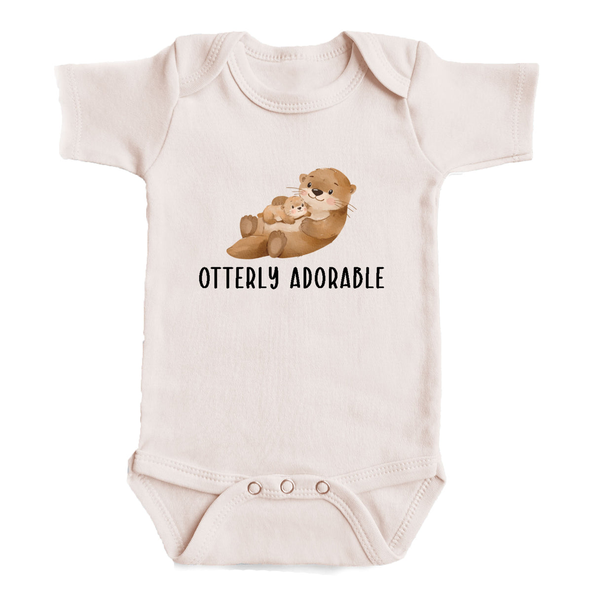 A baby onesie with an image of an otter and the text "OTTERLY ADORABLE" printed on it.