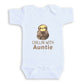 A white baby onesie with a sloth graphic and the text "CHILLIN WITH AUNTIE" printed on it.