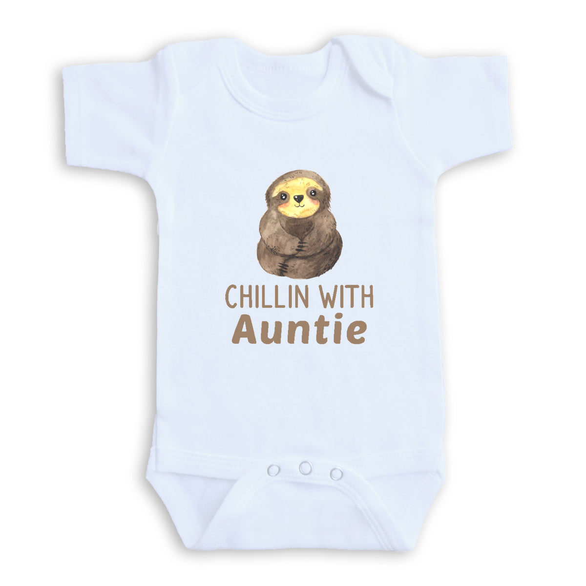 A white baby onesie with a sloth graphic and the text "CHILLIN WITH AUNTIE" printed on it.