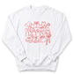 A white sweatshirt with a red graphic design featuring various Christmas-themed icons and symbols, such as a Santa hat, gift box, candy cane, and other festive items.