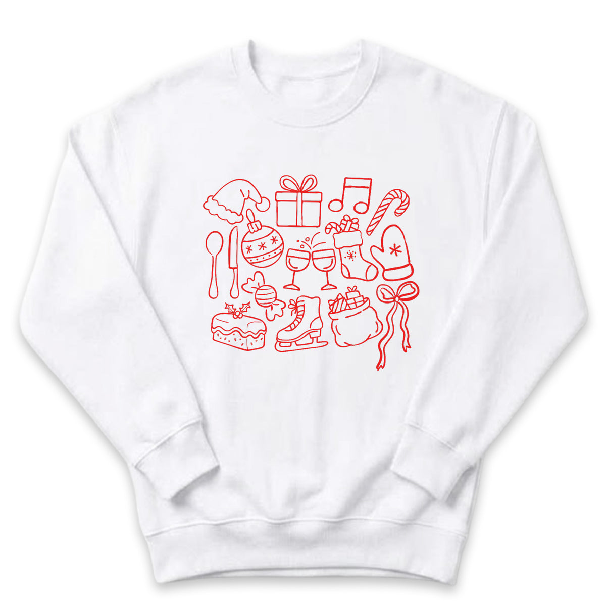 A white sweatshirt with a red graphic design featuring various Christmas-themed icons and symbols, such as a Santa hat, gift box, candy cane, and other festive items.