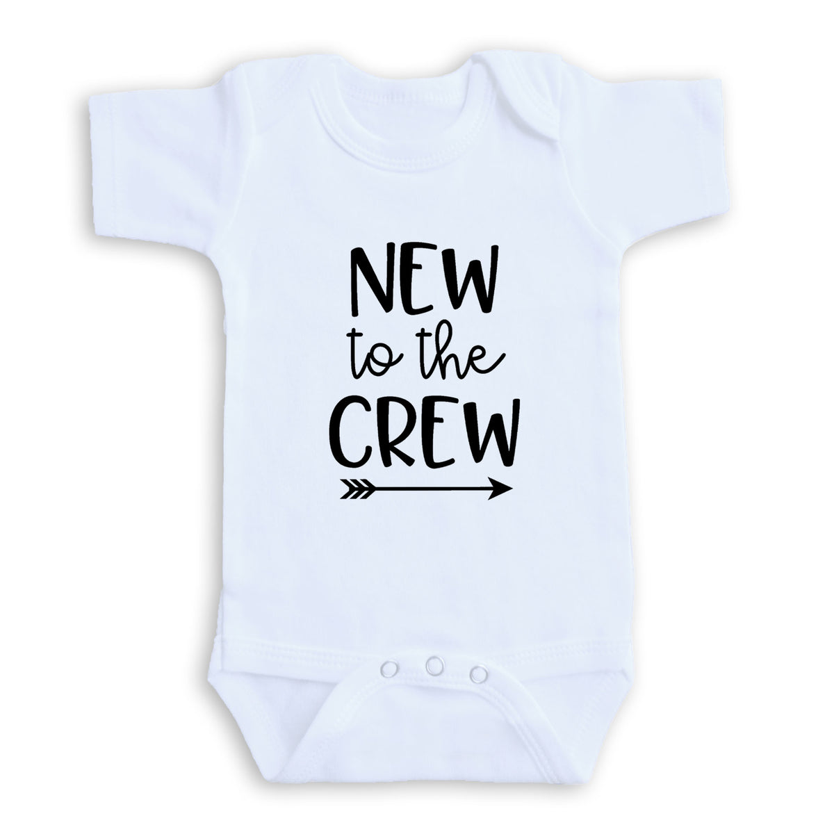 A white baby onesie with the text "NEW to the CREW" printed on it.