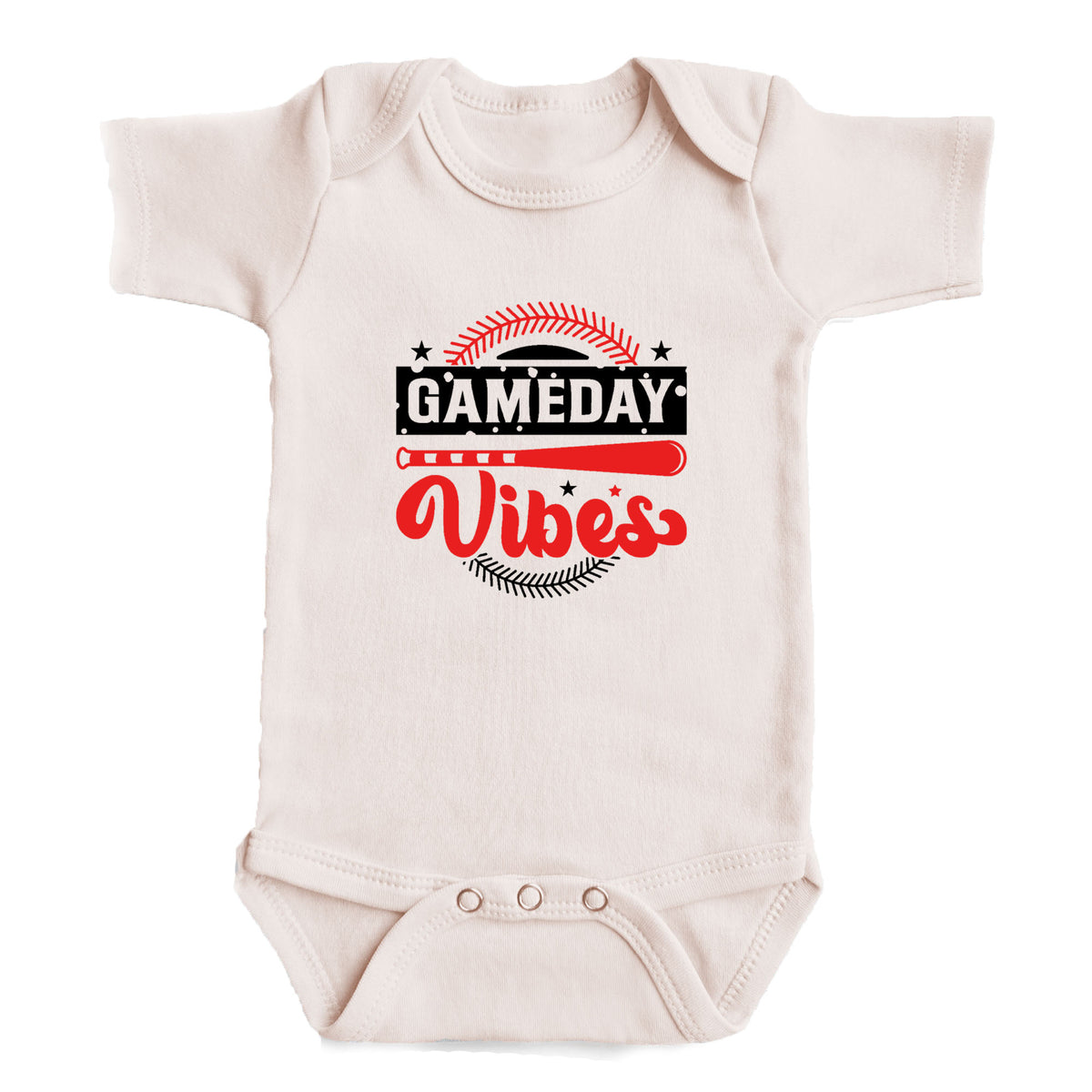 A white baby onesie with a graphic design on it.