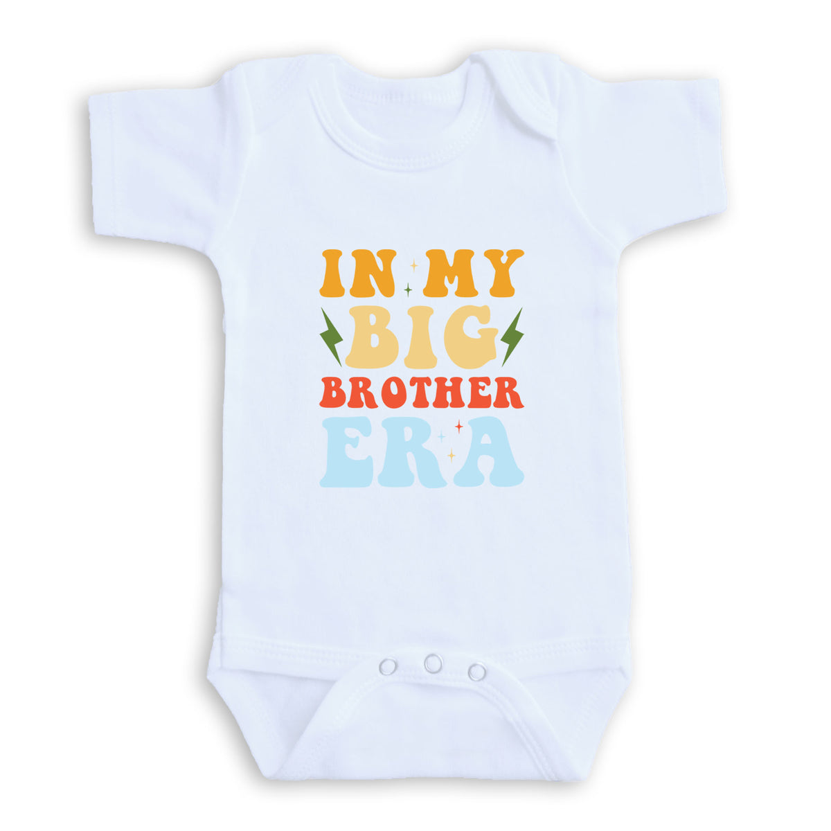 A white baby onesie with the text "IN MY BIG BROTHER ERA" printed on it.