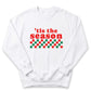 A white sweatshirt with a graphic design on it that says "tis the season" in red and green text.