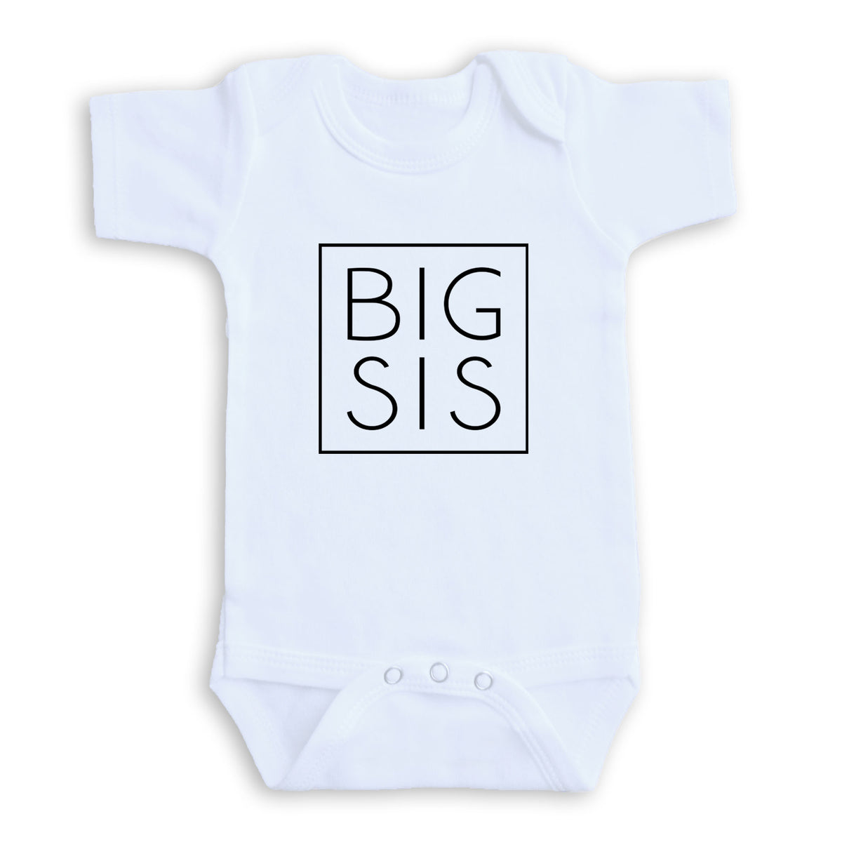 A white baby onesie with the text "BIG SIS" printed on it in a bold, black square font.