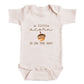 A baby onesie with the text "a little acorn is on the way" printed on it.