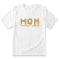 A white t-shirt with the word "MOM" printed on it in a checkered pattern.