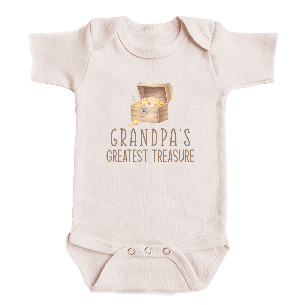 A baby onesie with a graphic of a chest containing gold coins and the text "GRANDPA'S GREATEST TREASURE" printed on it.