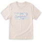 A light-colored t-shirt with a graphic design featuring various objects such as a teapot, cat, butterfly, and cup, along with the word "miiti" written across them.