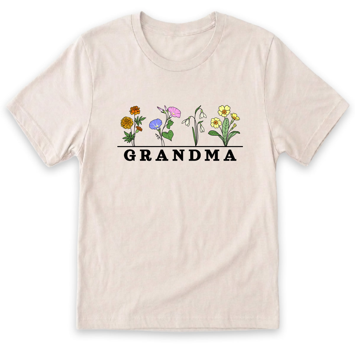 A white t-shirt with a graphic design featuring a row of colorful flowers and the word "GRANDMA" printed below them.