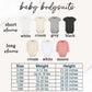 a collection of baby bodysuits in various colors and sizes, along with corresponding measurements and descriptions.