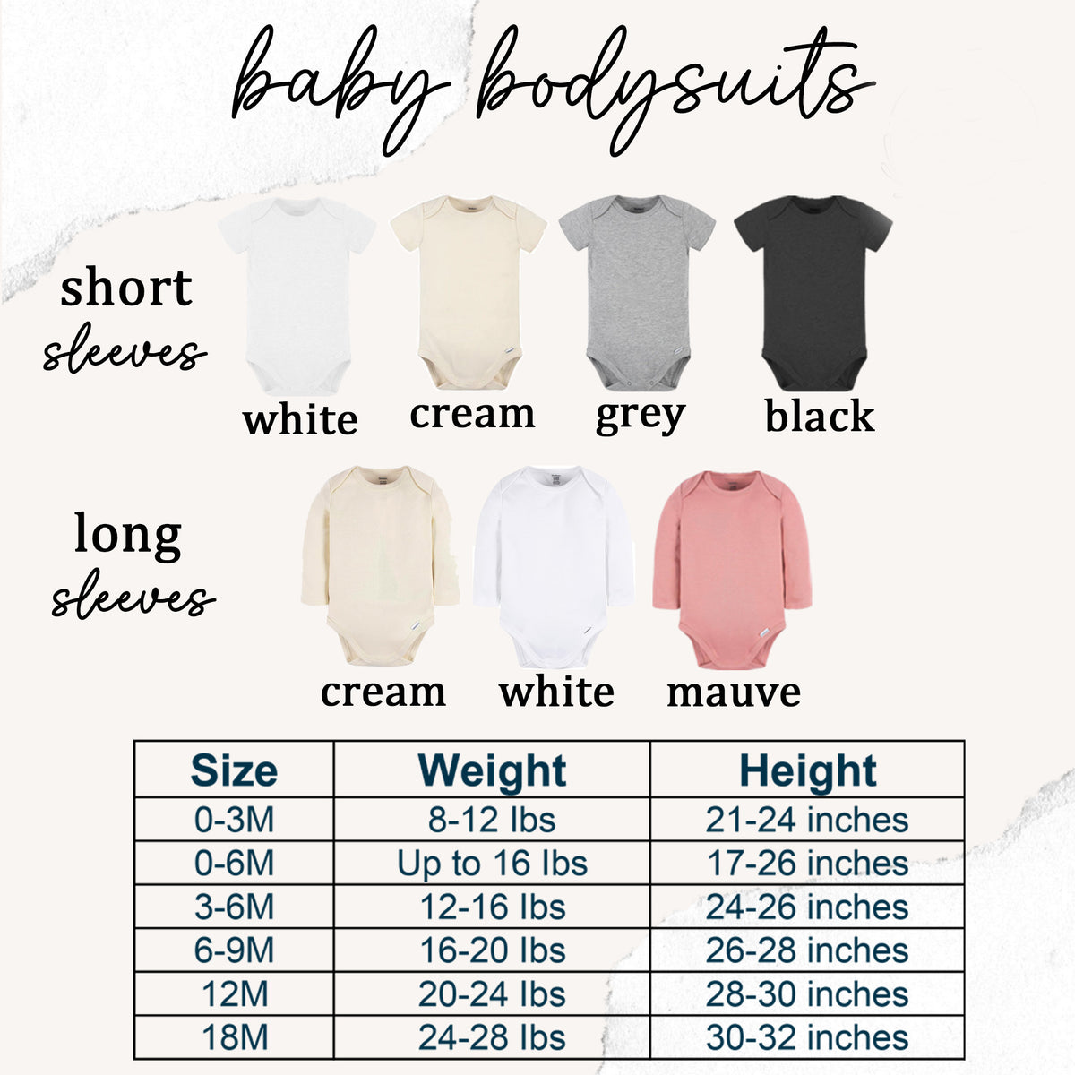 a collection of baby bodysuits in various colors and sizes, along with corresponding measurements and descriptions.