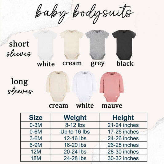 a collection of baby bodysuits in various colors and sizes, along with corresponding measurements and descriptions.