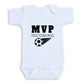 A white baby onesie with the text "MVP INCOMING" printed on it.