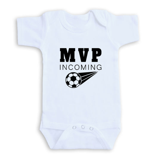 A white baby onesie with the text "MVP INCOMING" printed on it.