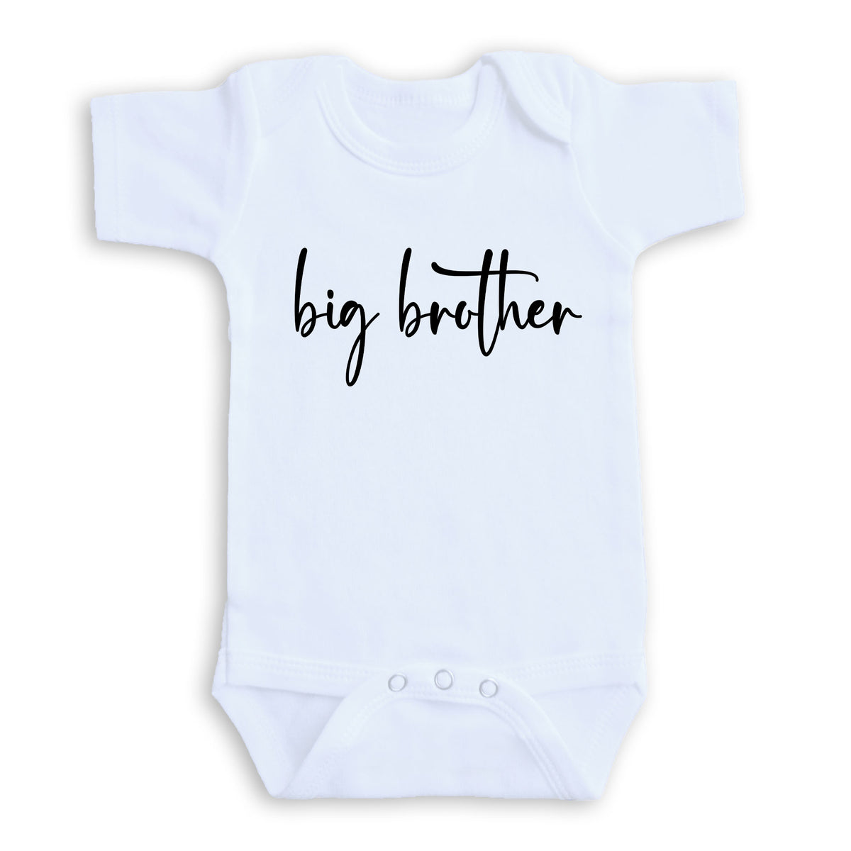 A white baby onesie with the text "big brother" printed on it.