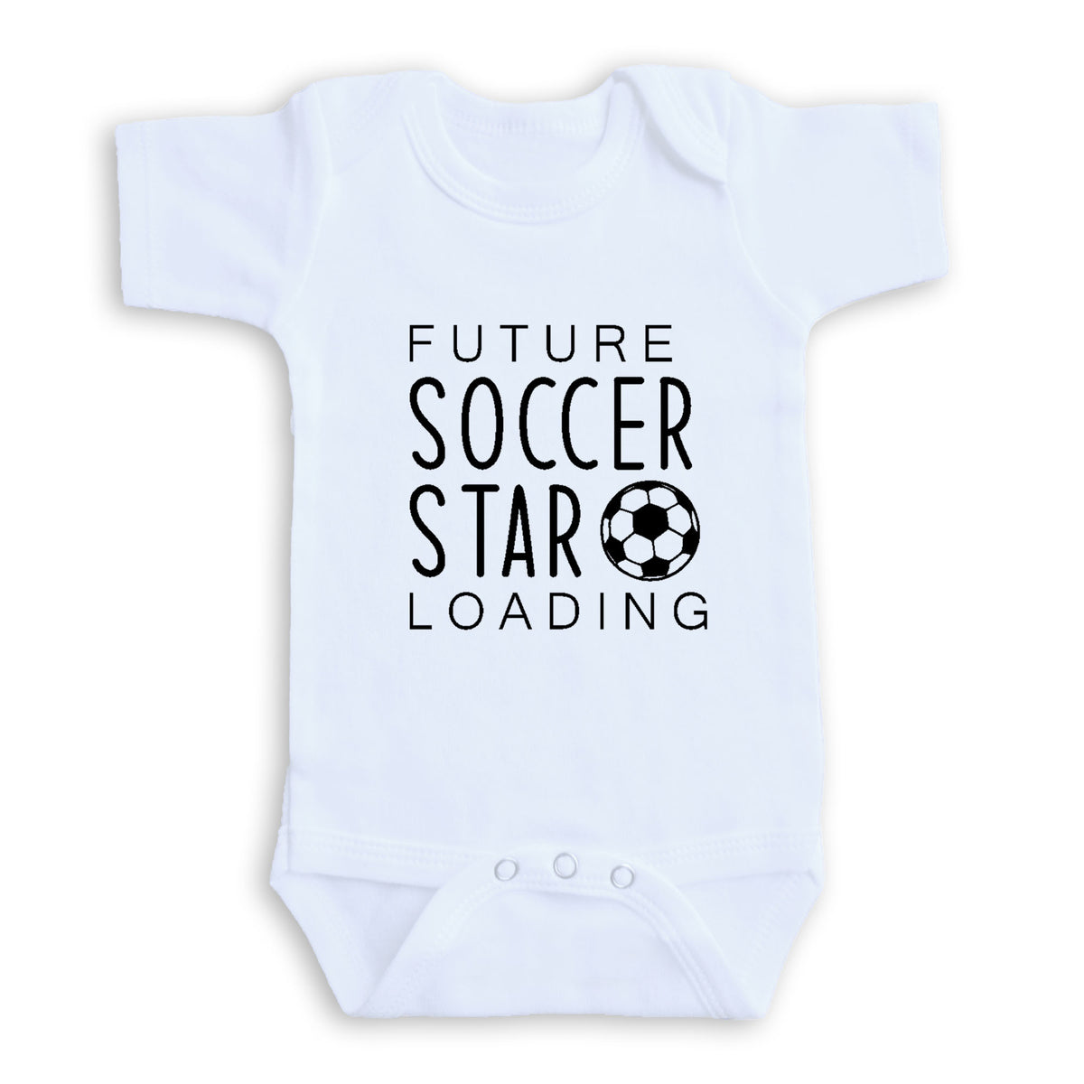 A white baby onesie with the text "FUTURE SOCCER STAR LOADING" printed on it.