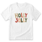 A white t-shirt with the text "HOLY JOY" printed on it in a colorful, patchwork style.