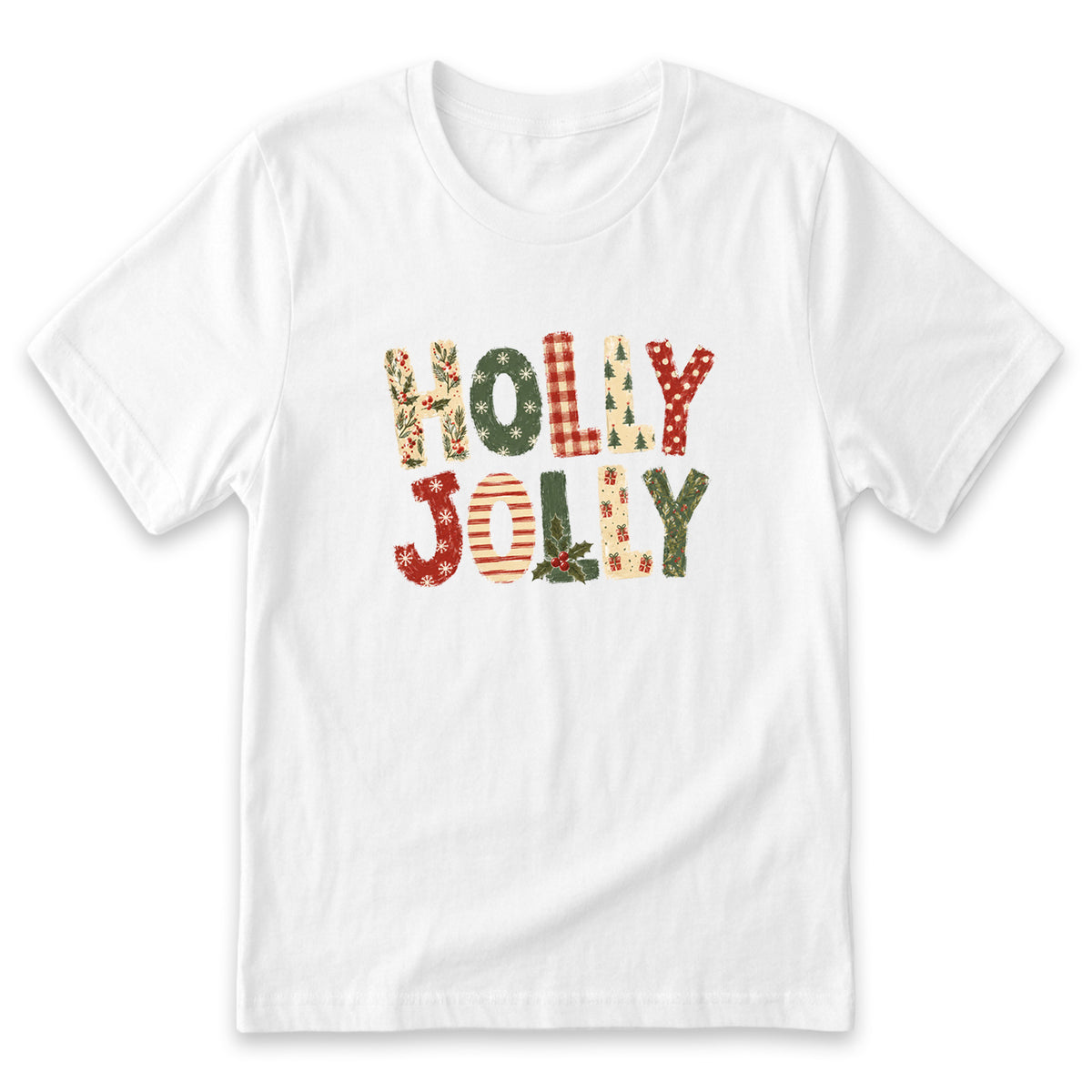 A white t-shirt with the text "HOLY JOY" printed on it in a colorful, patchwork style.