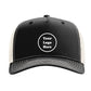 A black baseball cap with a white logo on the front.