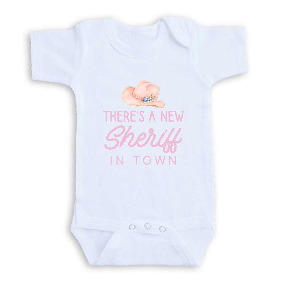 The image is a white baby onesie with a printed message that reads "There's a new Sheriff in town".