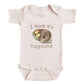 A baby onesie with a sloth graphic and the text "I think it's naptime" printed on it.