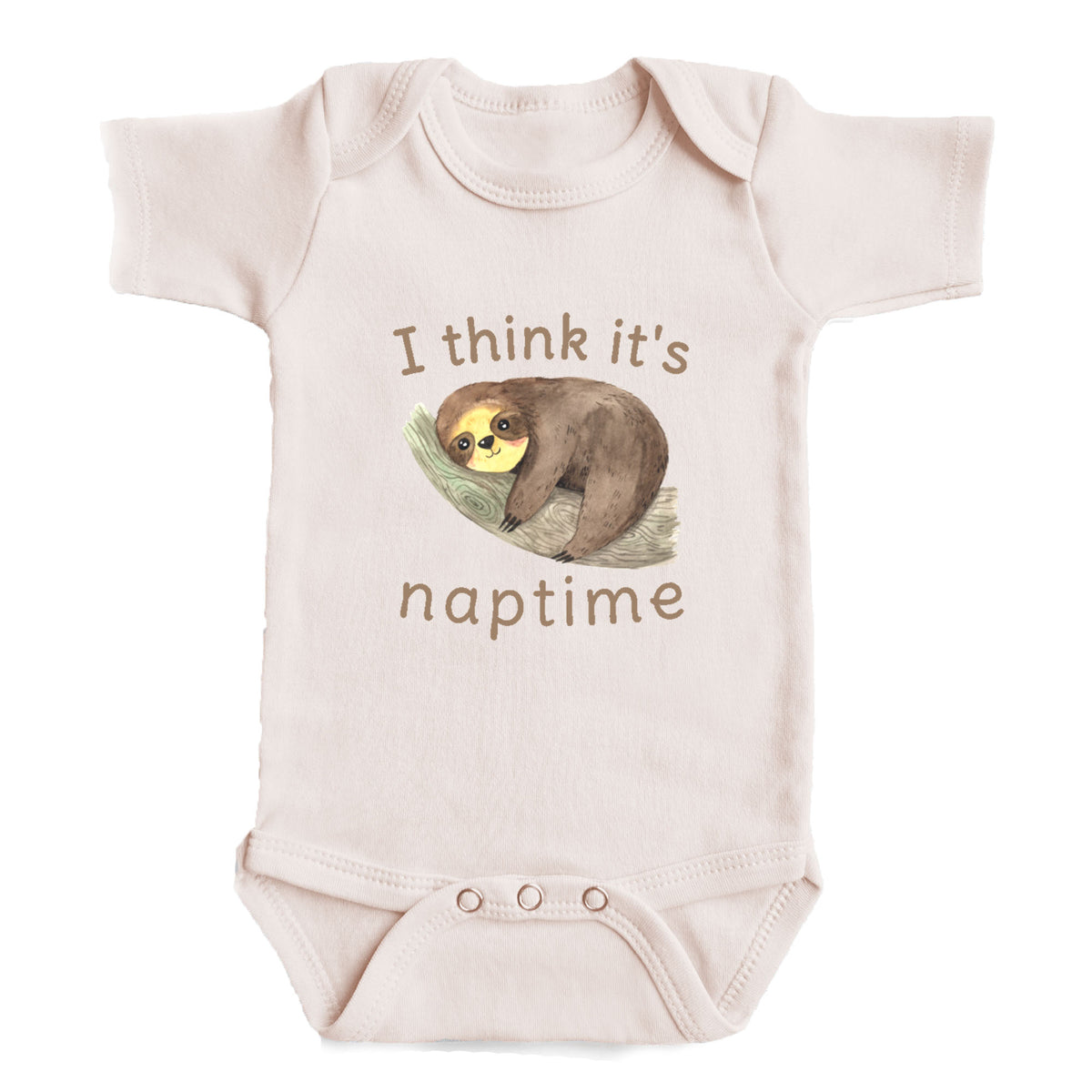 A baby onesie with a sloth graphic and the text "I think it's naptime" printed on it.