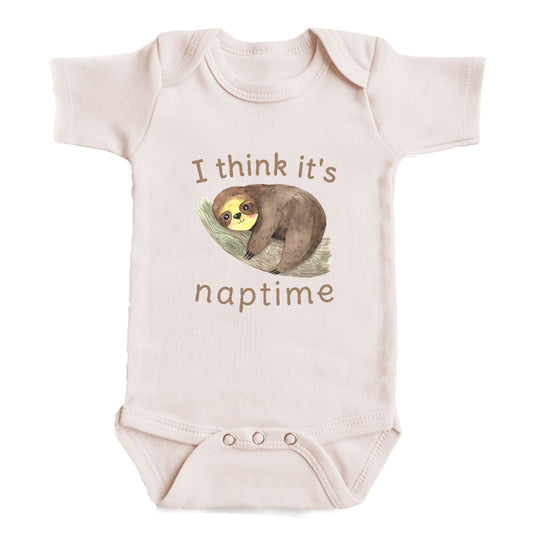 A baby onesie with a sloth graphic and the text "I think it's naptime" printed on it.