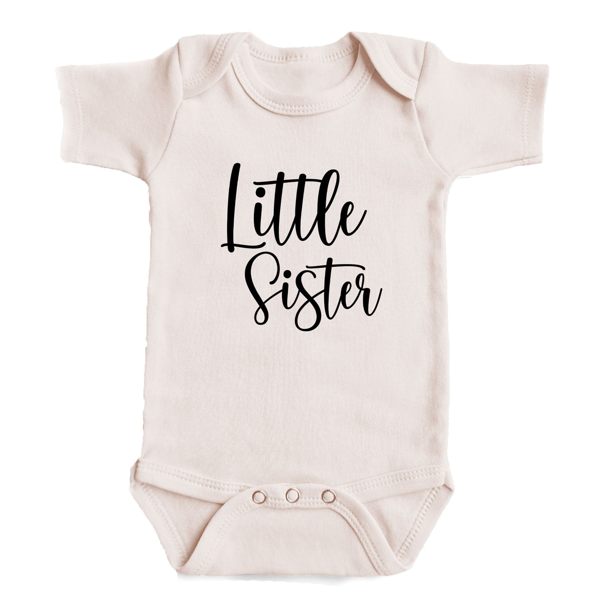 A baby onesie with the text "Little Sister" printed on it.