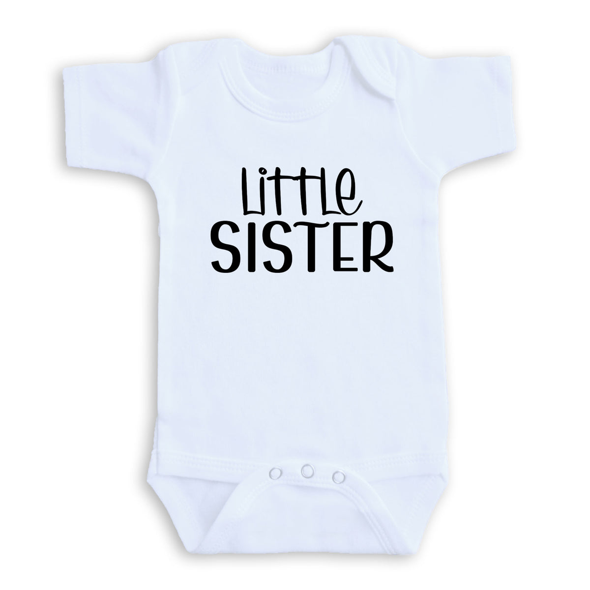 A white baby onesie with the text "Little Sister" printed on it.