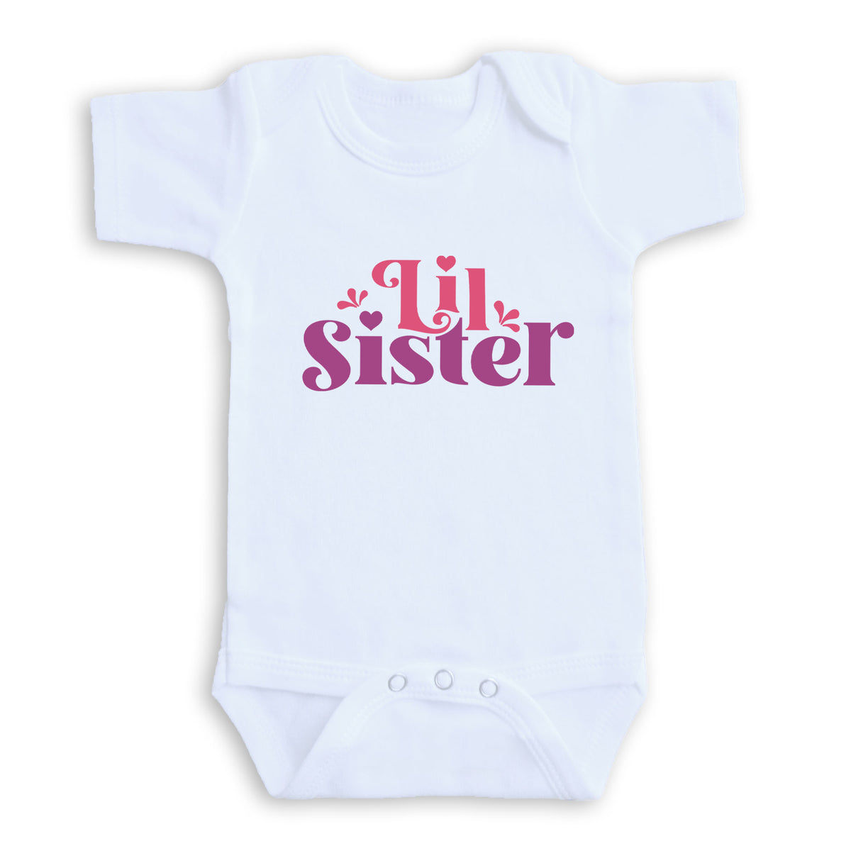 A white baby onesie with the text "Little Sister" printed on it in pink and purple lettering.