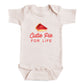A baby onesie with a printed design of a slice of pie and the text "Cutie Pie for Life" printed on it.