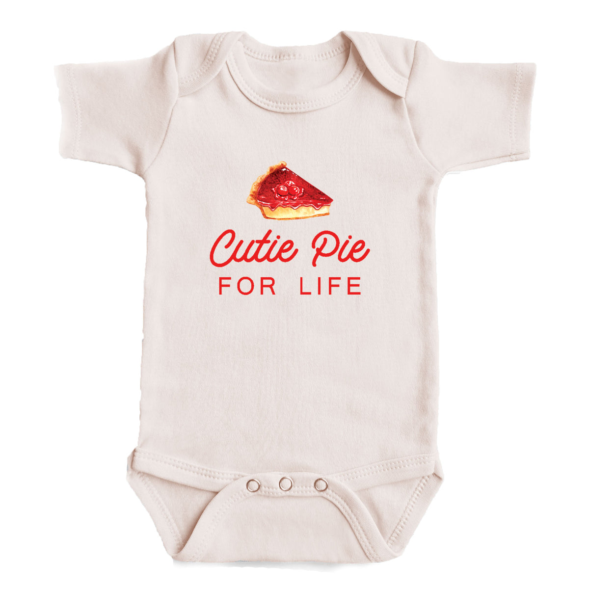 A baby onesie with a printed design of a slice of pie and the text "Cutie Pie for Life" printed on it.