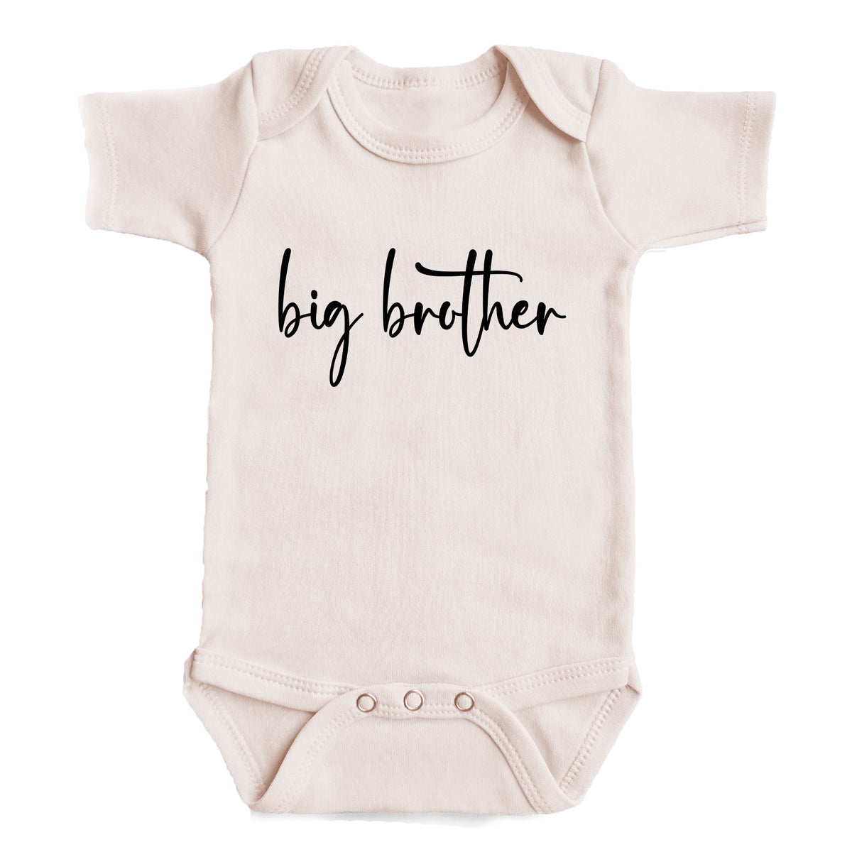 A baby onesie with the text "big brother" printed on it.