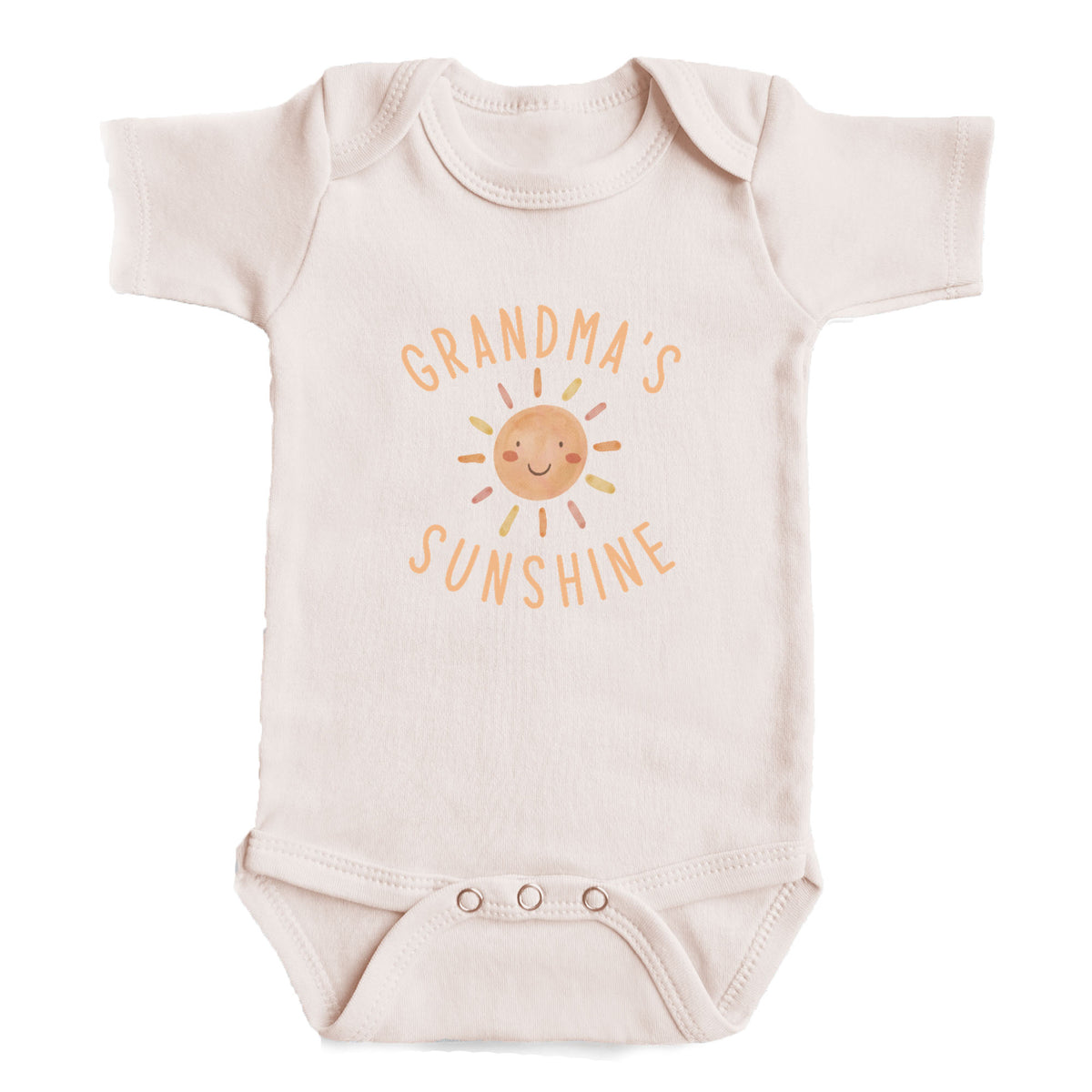 A baby onesie with the text "GRANDMA'S SUNSHINE" printed on it.