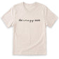 A white t-shirt with the text "the crazy aunt" printed on it.