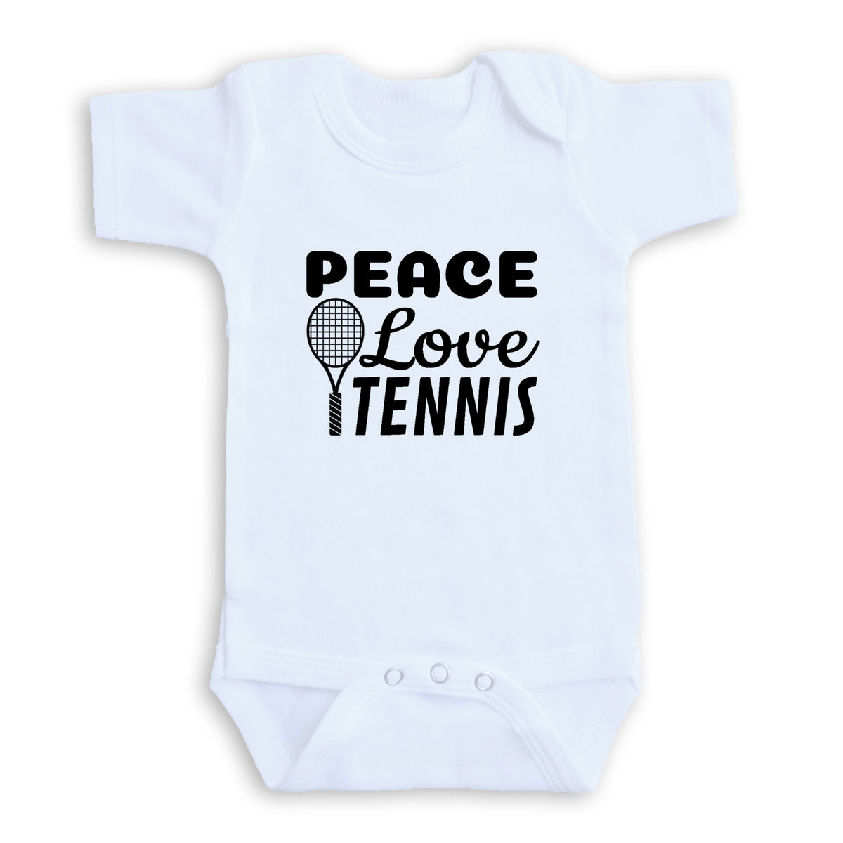 A white baby onesie with the text "PEACE LOVE TENNIS" printed on it.