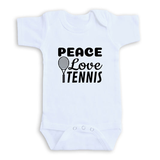 A white baby onesie with the text "PEACE LOVE TENNIS" printed on it.
