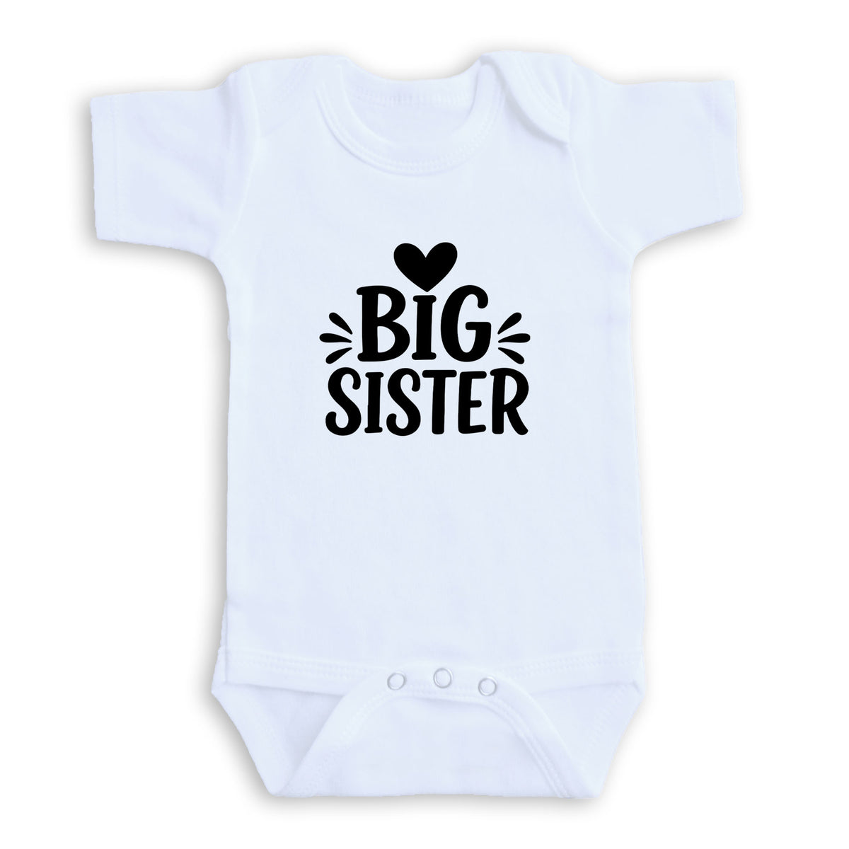 A white baby onesie with the text "BIG SISTER" printed on it.