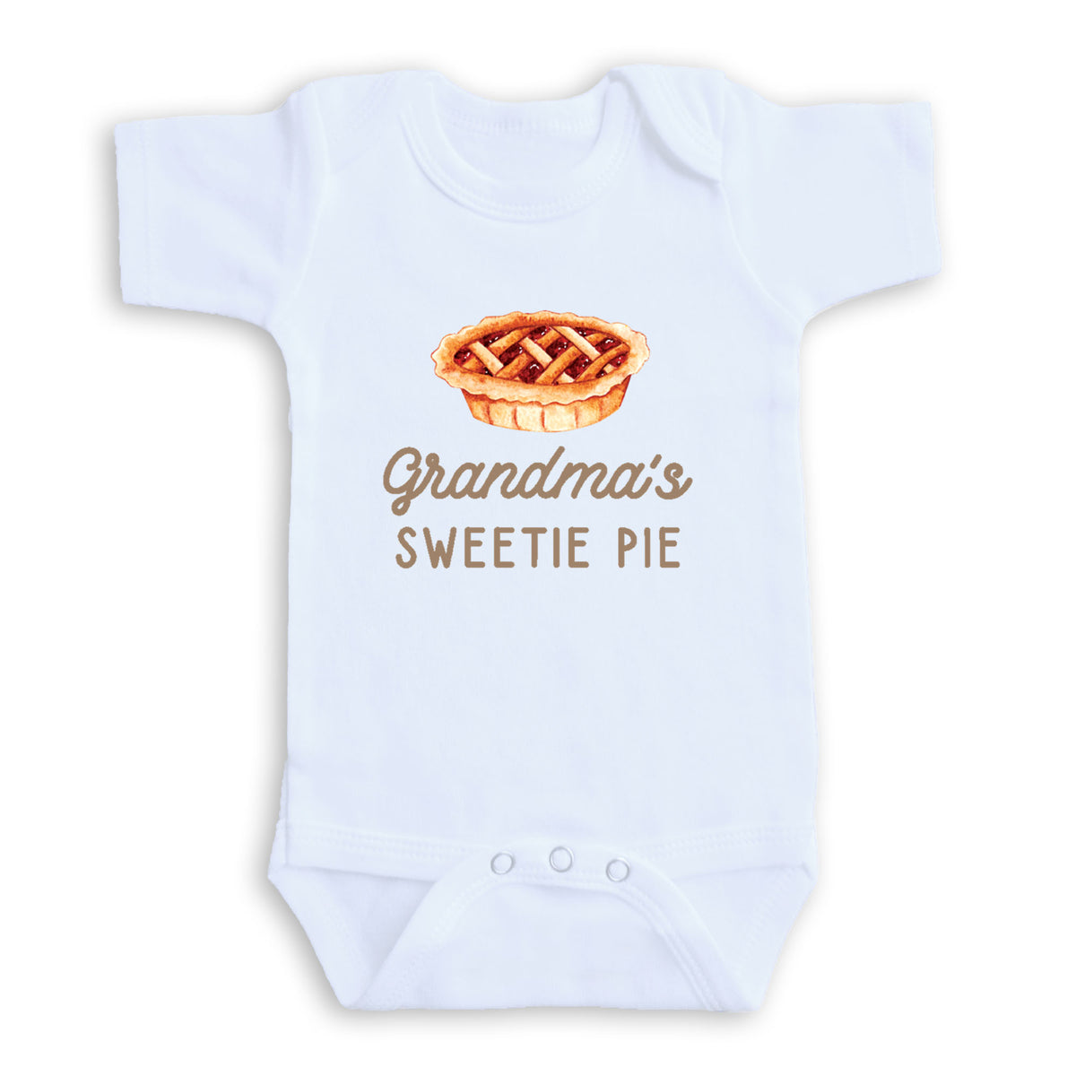A white baby onesie with a printed design of a pie and the text "Grandma's SWEETIE PIE" printed on it.