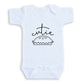 A white baby onesie with a simple black graphic design on the front.
