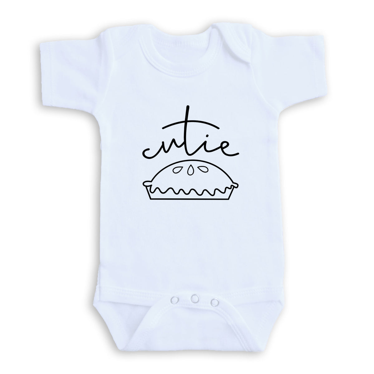 A white baby onesie with a simple black graphic design on the front.