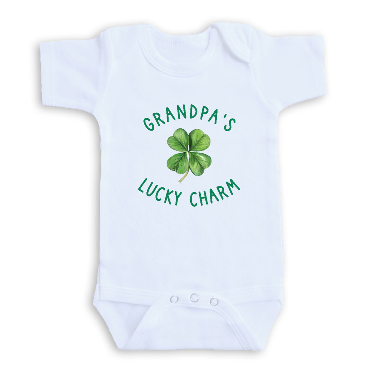 A white baby onesie with a green clover design and the text "GRANDPA'S LUCKY CHARM" printed on it.
