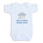 A white baby onesie with a graphic of a cloud and raindrops, along with the text "rain or shine always mine" printed on it.